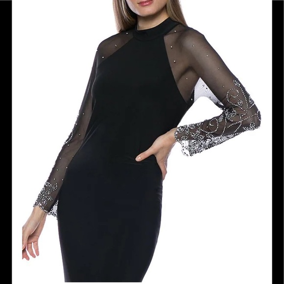 NWT,Marina dress Raglan Beaded Mesh Long Sleeve Crew Neck Jersey Sheath Gown - Picture 4 of 17